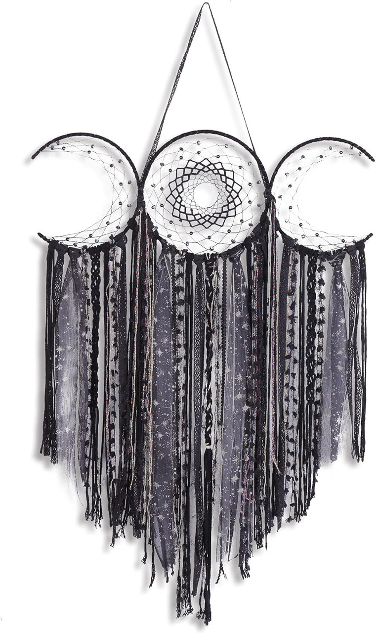 Black Triple Moon Goddess Macramé Wall Hanging – Wicca Crescent Dreamcatcher, Pagan Boho Woven Tapestry for Bedroom or Witch Home Décor